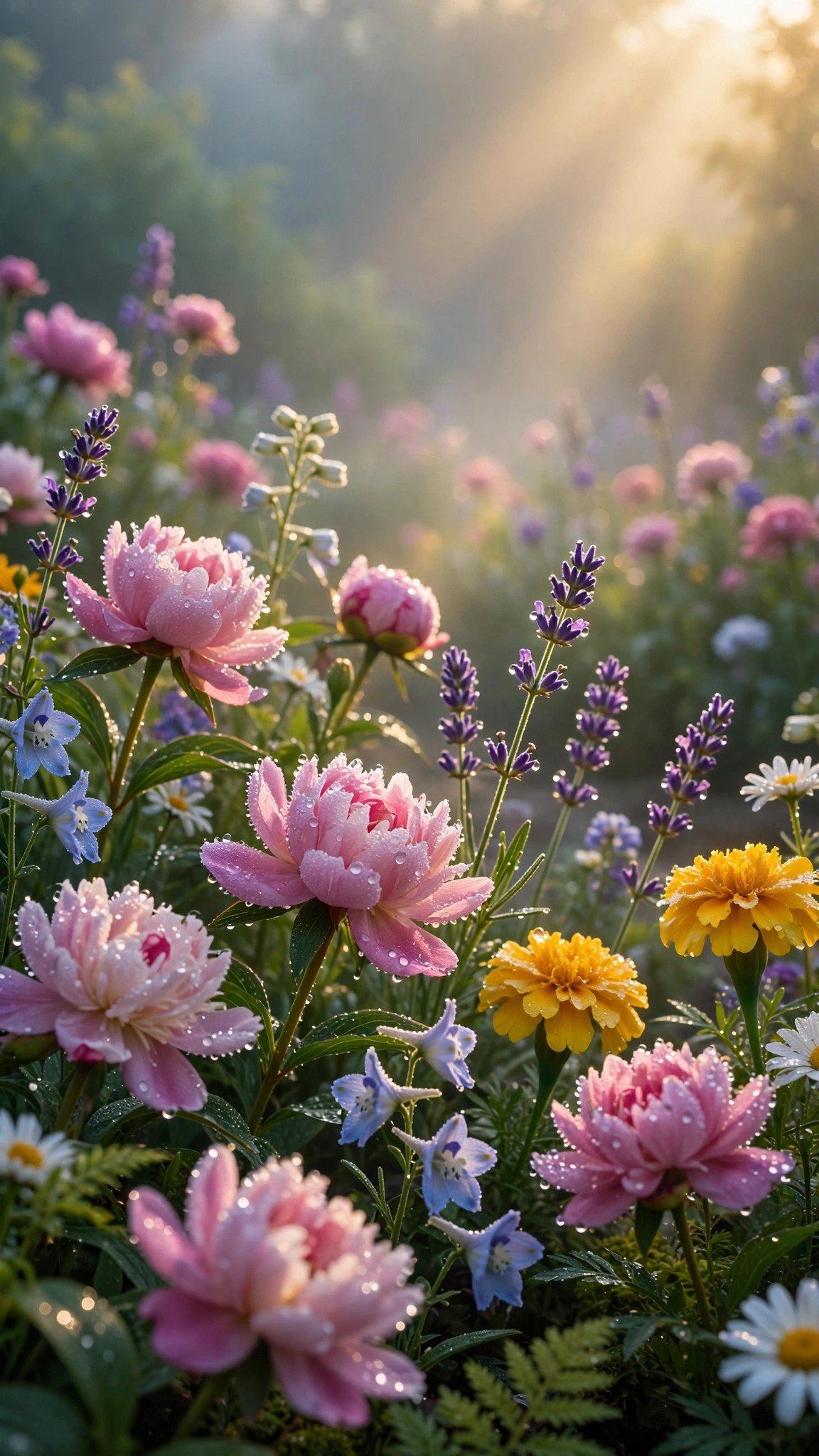 Dewy flower garden at dawn, text to video prompts for WhatsApp status good morning example