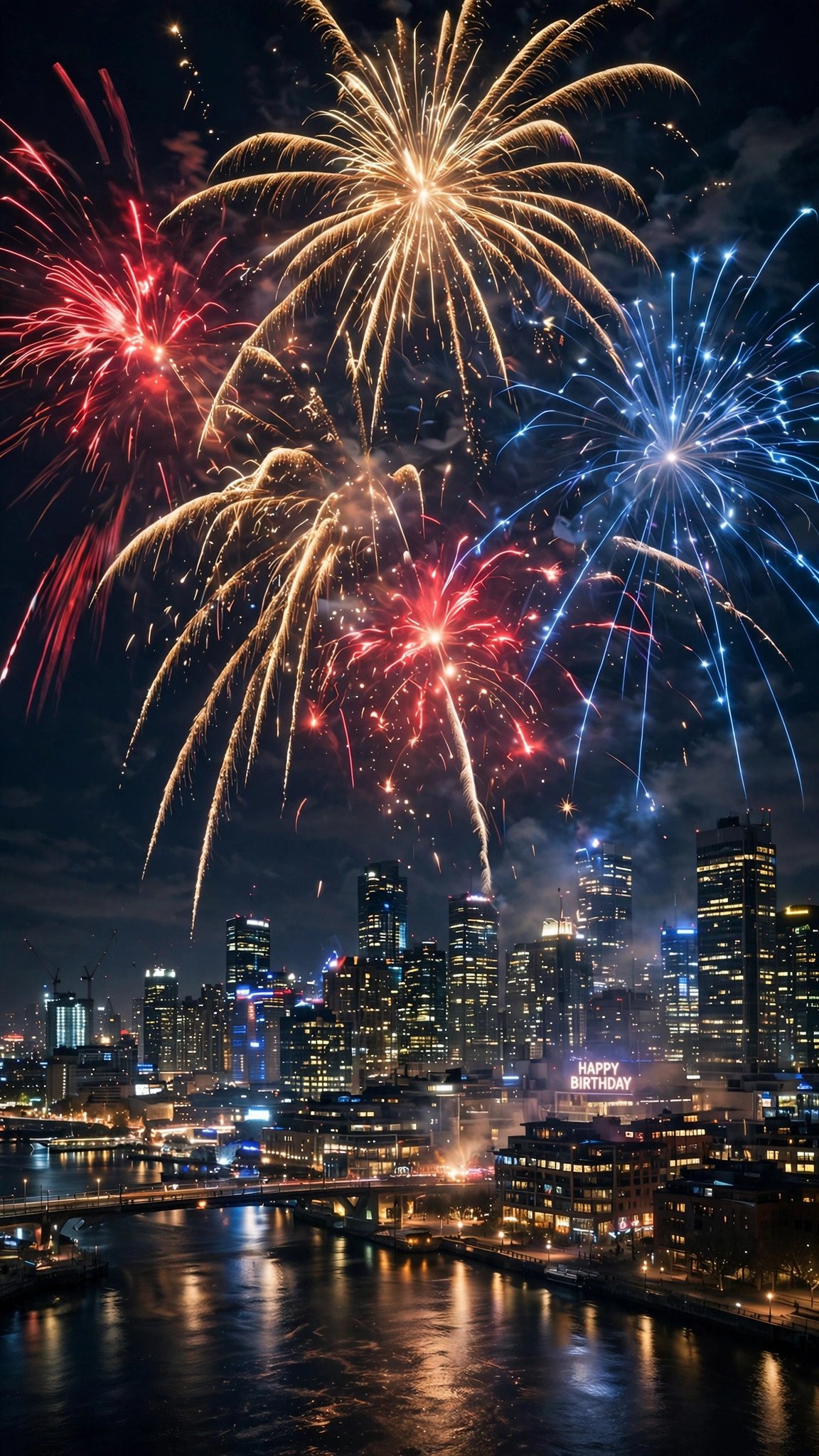 Fireworks over city skyline at night, text to video prompts for WhatsApp status birthday example