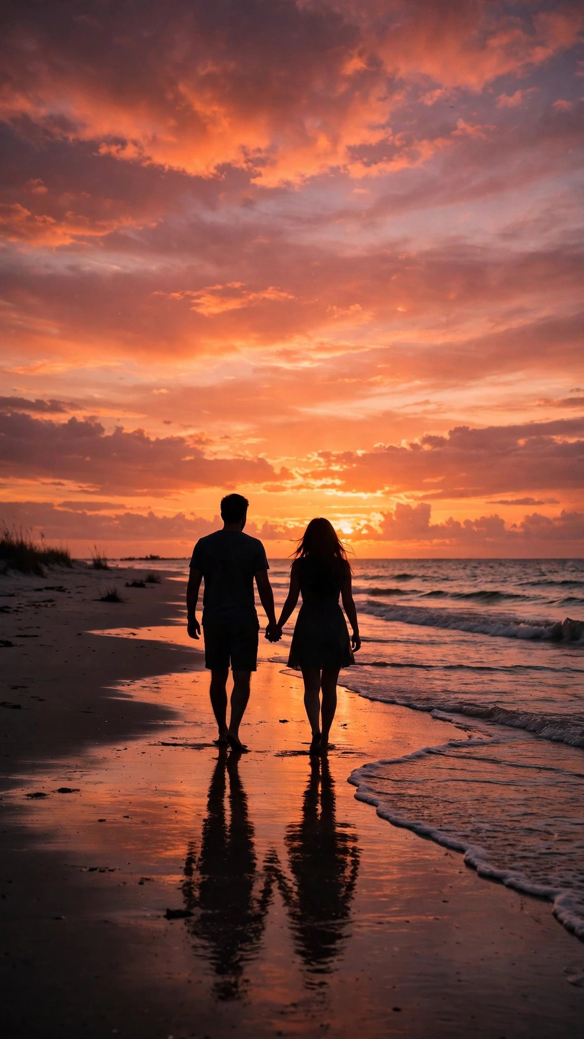 Couple silhouette walking on beach at sunset, image to video prompt for WhatsApp status love example