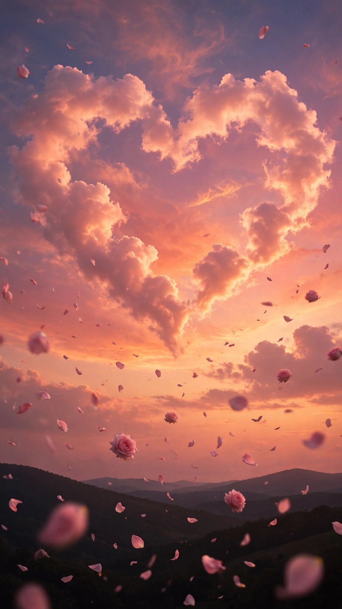 Heart-shaped clouds in pink sunset sky, text to video prompts for WhatsApp status love example