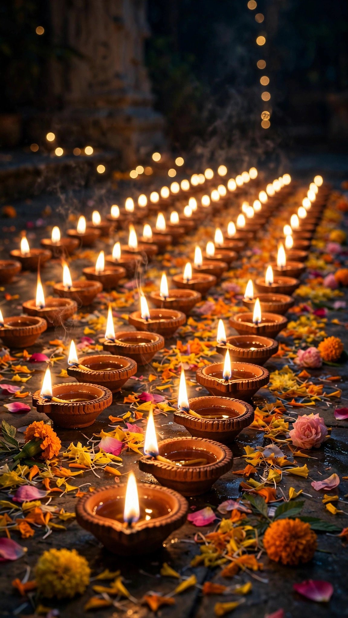 Glowing Diwali diyas with flickering flames, image to video prompt for WhatsApp status festival example