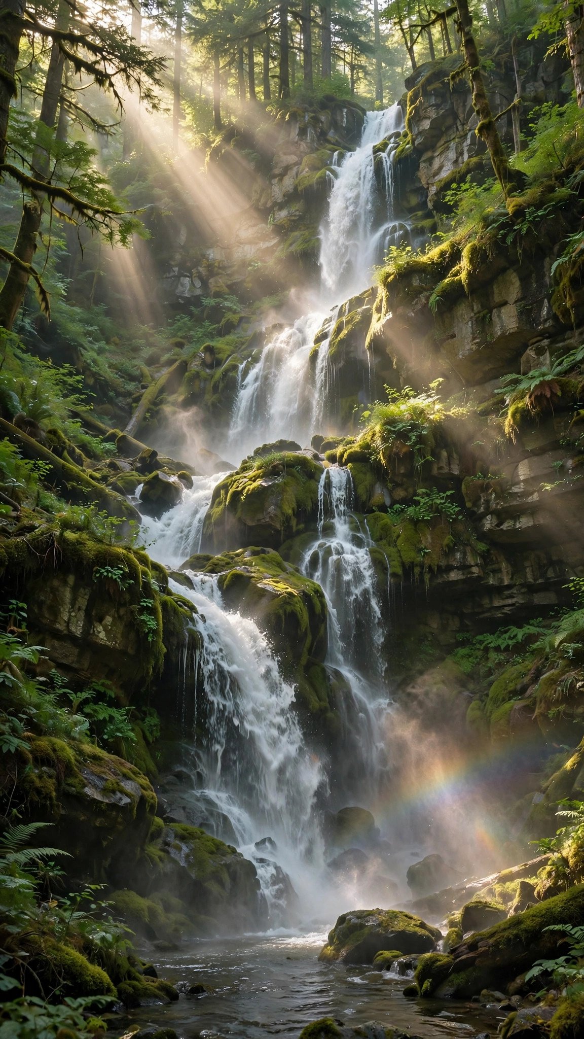 Waterfall cascading in lush forest with mist, text to video prompts for WhatsApp status nature example