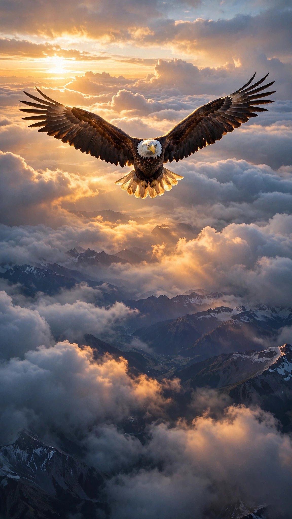 Eagle soaring above clouds at sunrise, text to video prompts for WhatsApp status motivational example