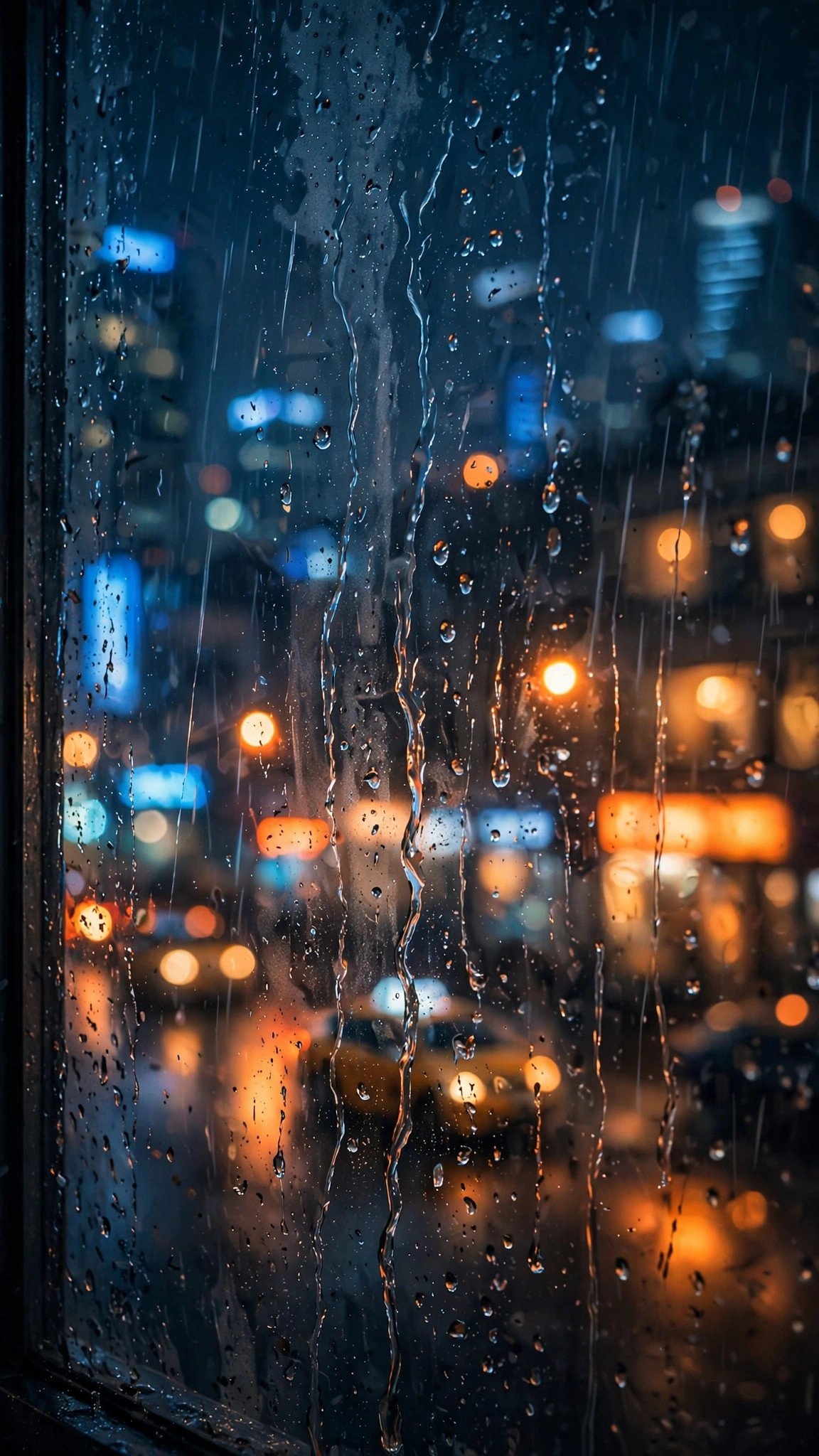 Rain drops on window with city lights bokeh, image to video prompt for WhatsApp status moody example