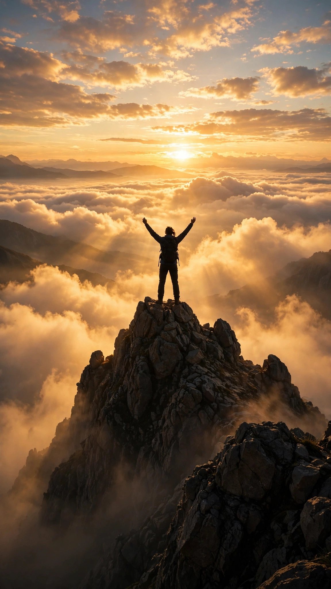 Person with raised arms on mountain peak at sunrise, image to video prompt for WhatsApp status motivational example