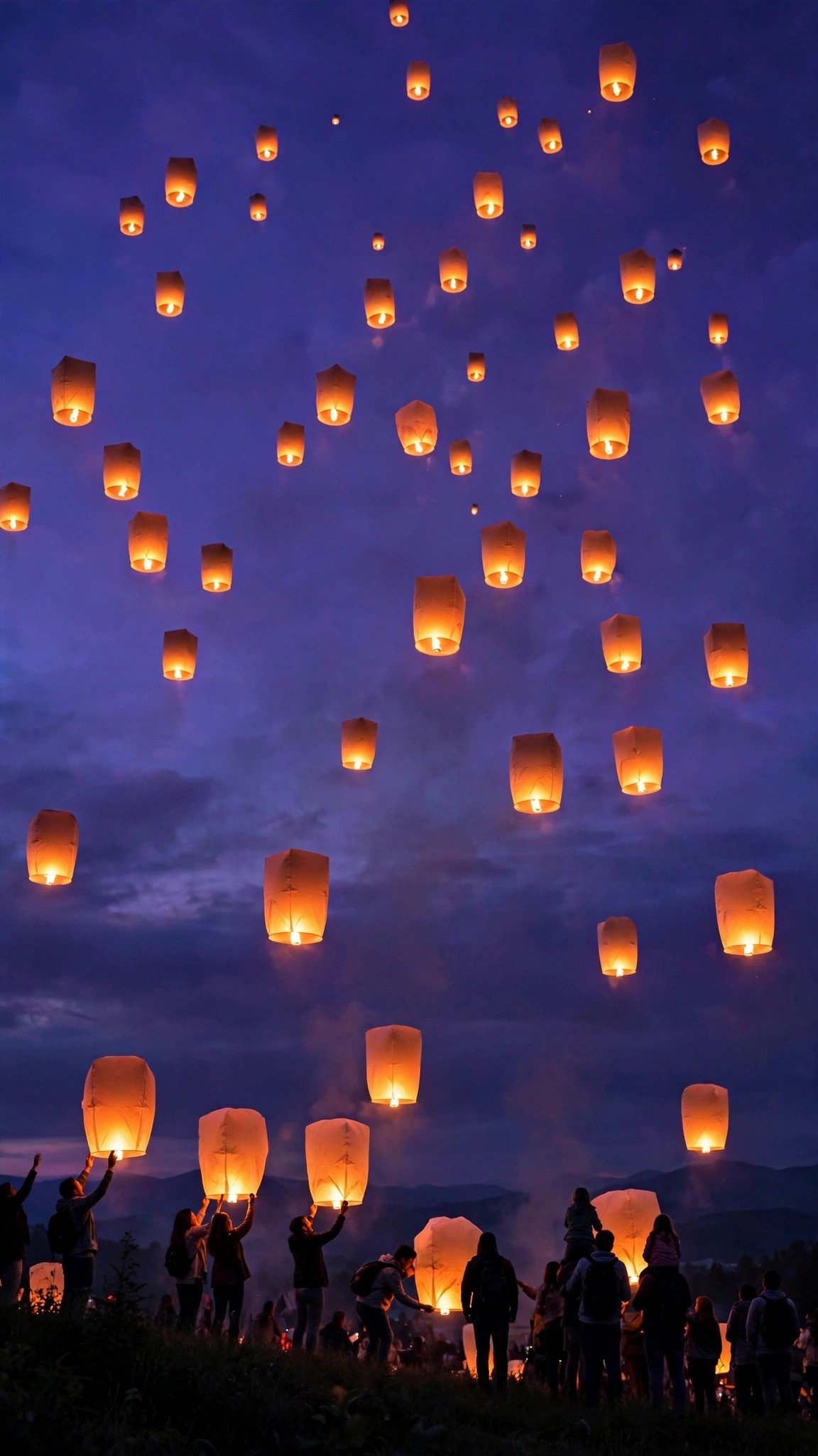 Glowing sky lanterns rising at dusk, text to video prompts for WhatsApp status festival example
