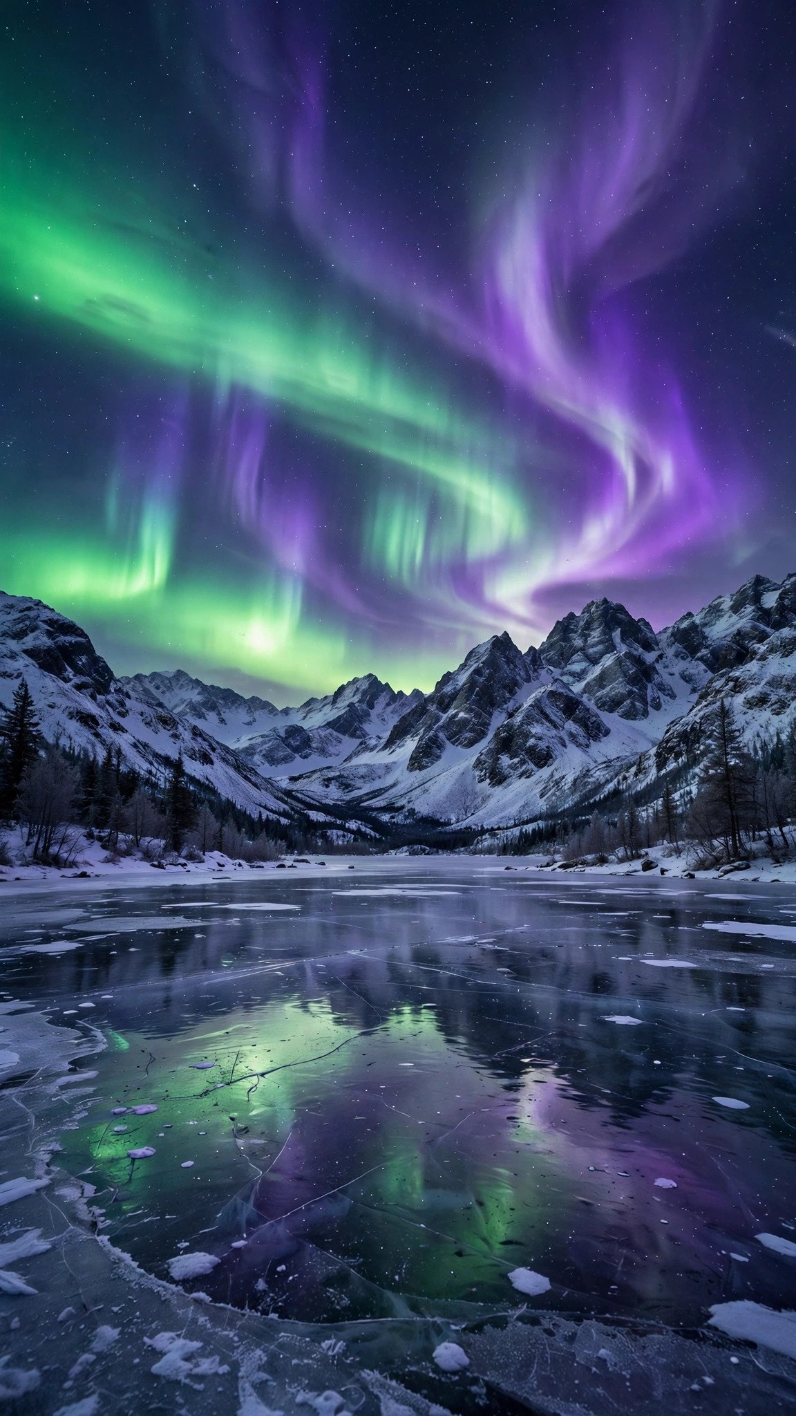 Aurora borealis over snowy mountains, text to video prompts for WhatsApp status night example