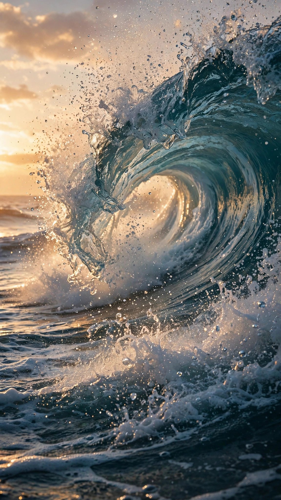 Ocean wave curling in slow motion at golden hour, image to video prompt for WhatsApp status nature example