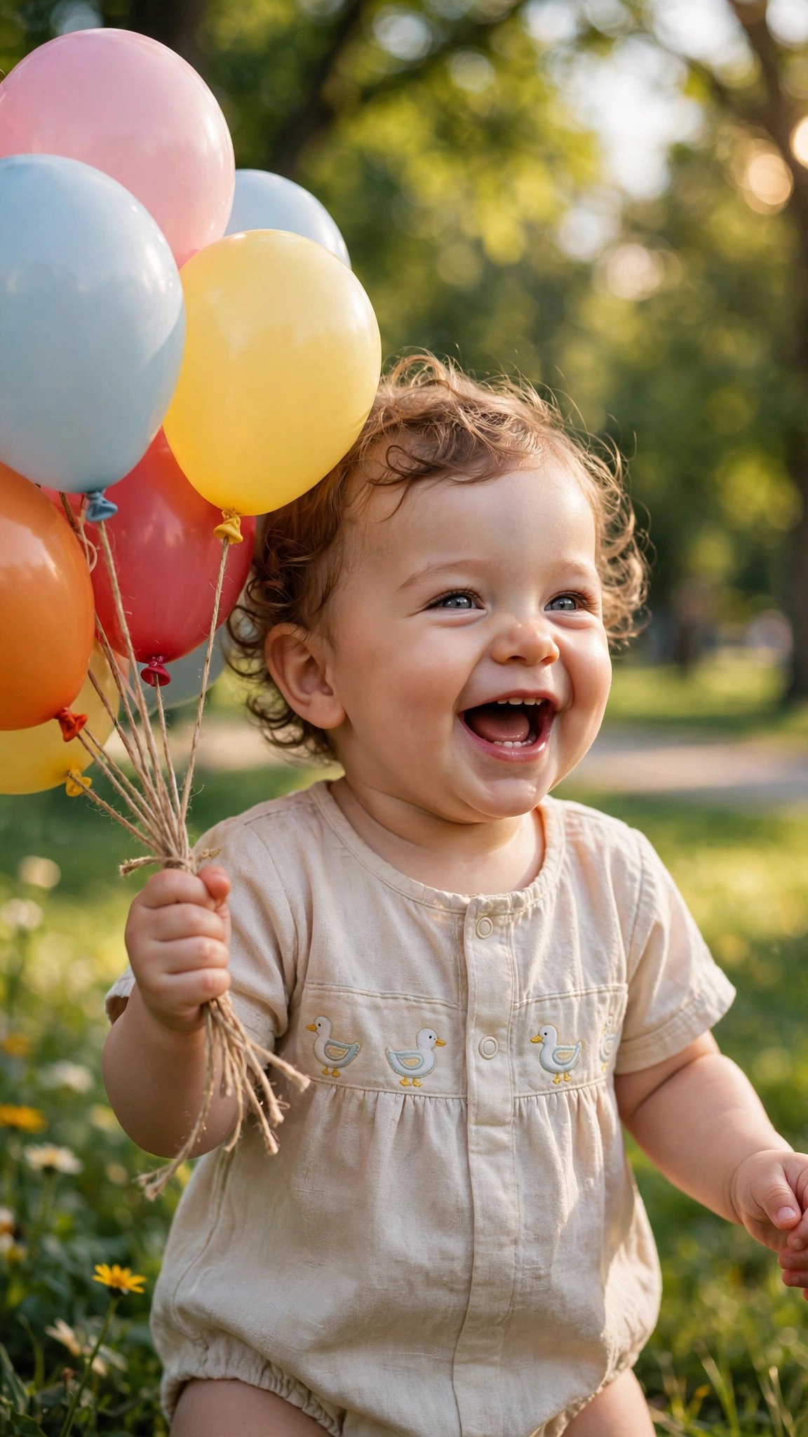 Happy baby holding colorful balloons in park, image to video prompt for WhatsApp status cute example