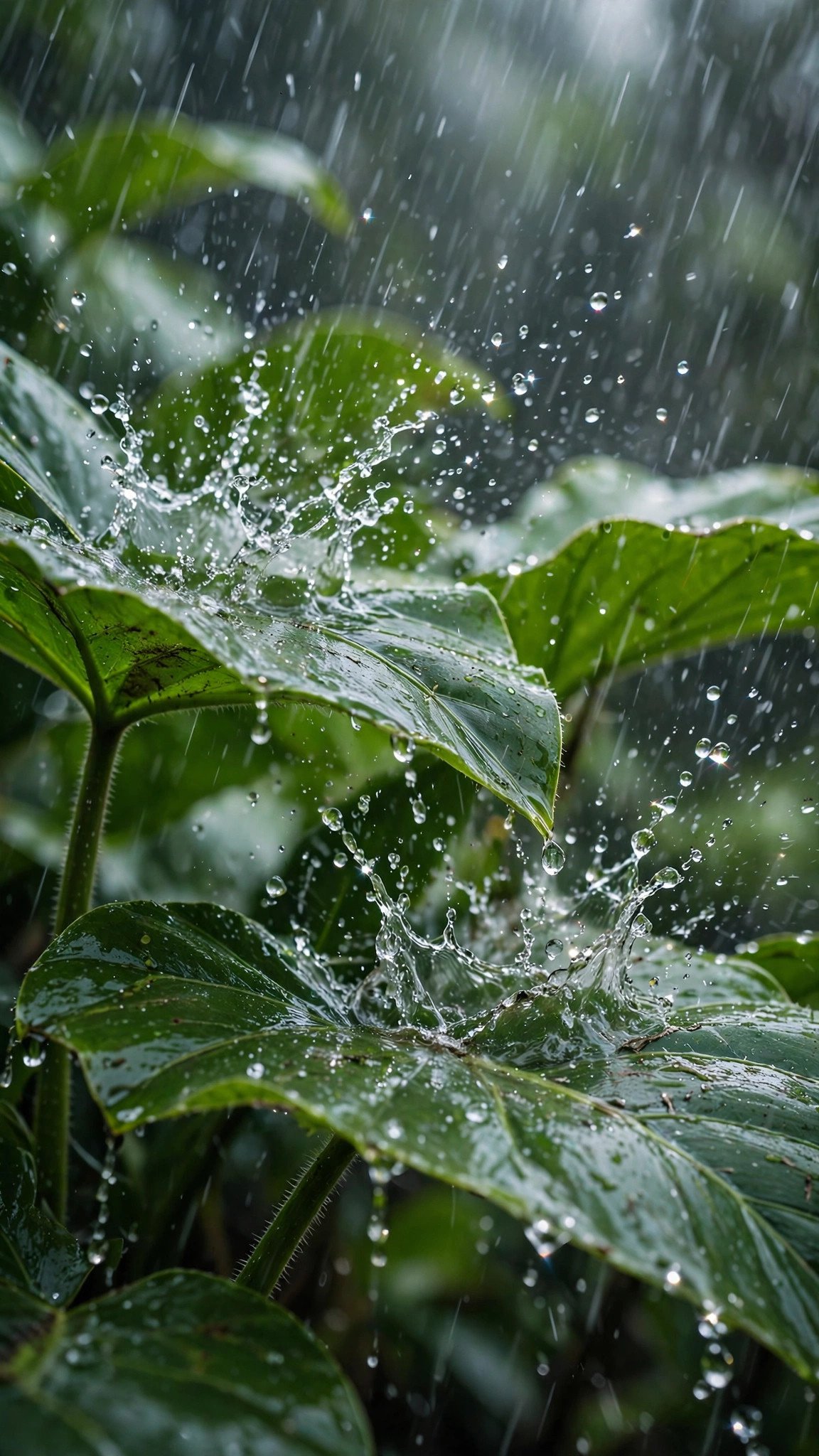 Monsoon raindrops splashing on green leaves, text to video prompts for WhatsApp status rain example