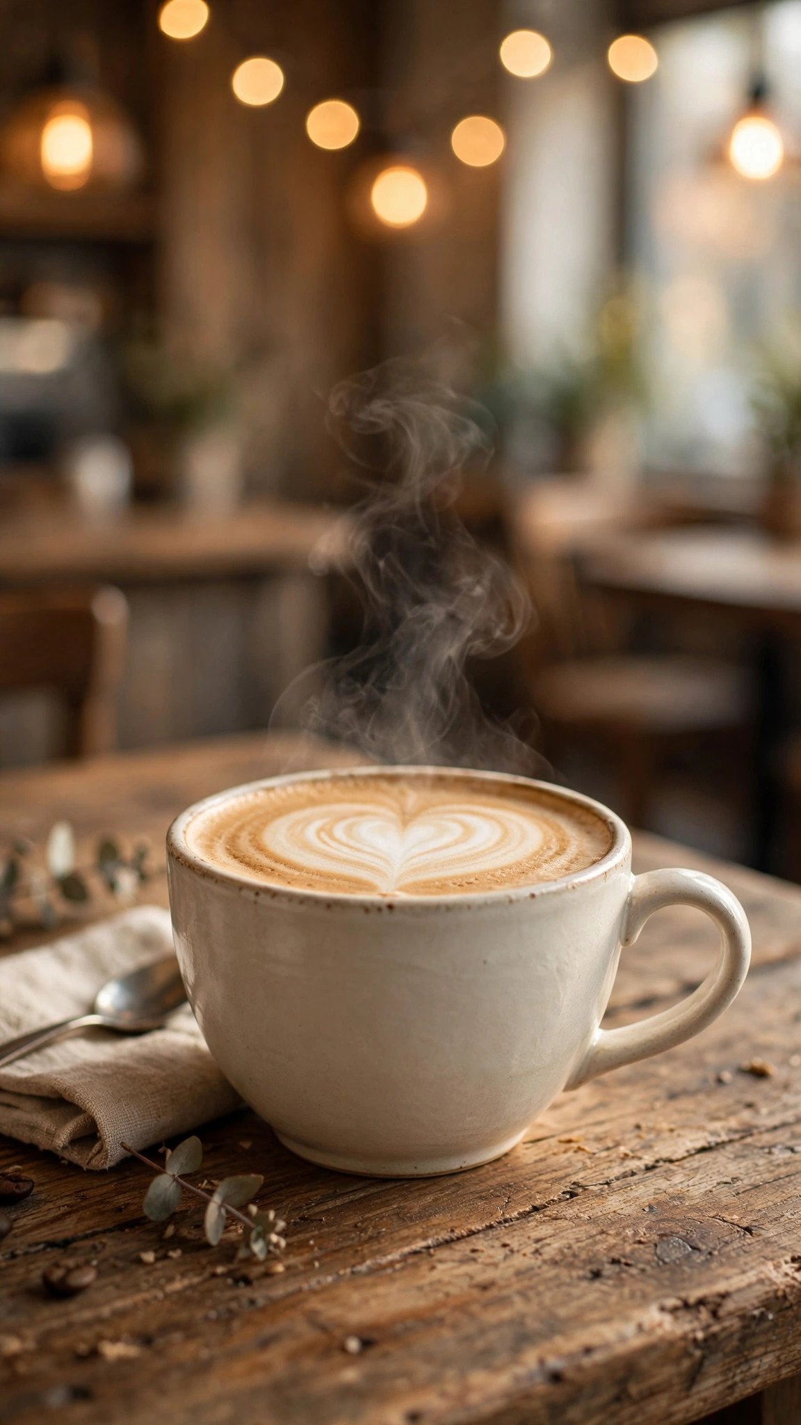 Latte art coffee cup with rising steam, text to video prompts for WhatsApp status morning example