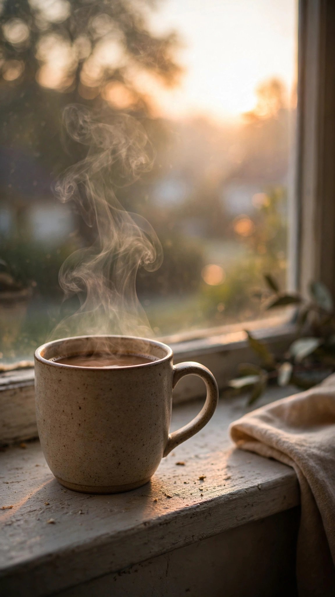 Steaming coffee cup on windowsill in morning light, image to video prompt for WhatsApp status morning example