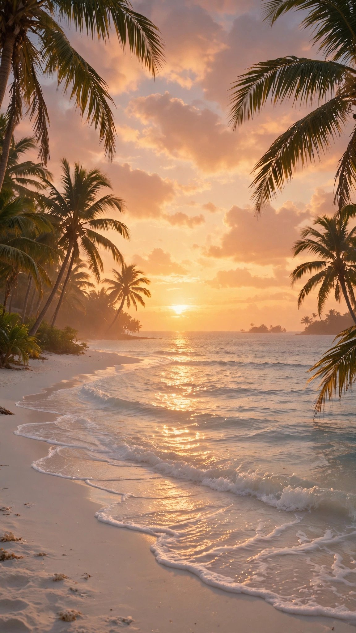 Tropical beach sunset with swaying palms, text to video prompts for WhatsApp status evening example