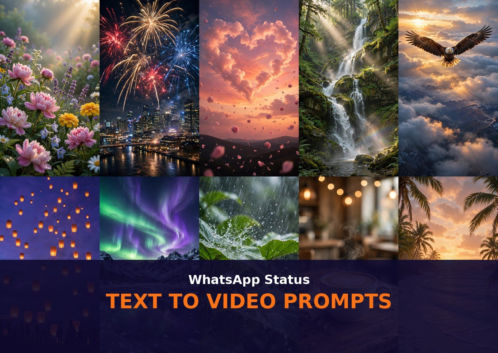 WhatsApp Status Text to Video Prompts featured collage, 10 text to video prompts for WhatsApp status