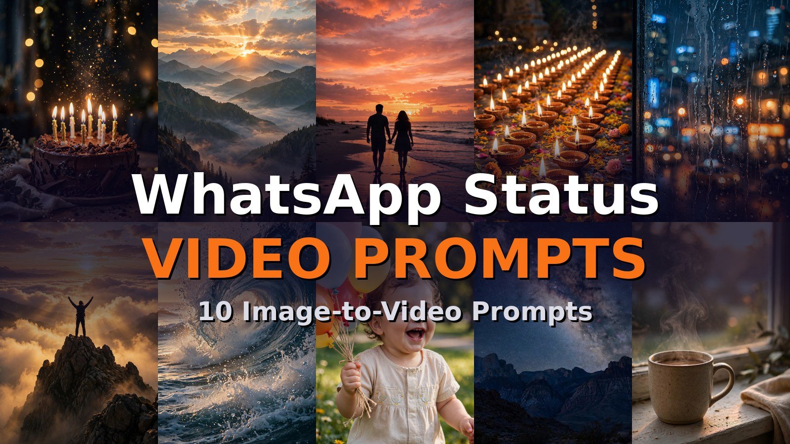 WhatsApp Status Video Prompts featured collage, 10 image to video prompts for WhatsApp status